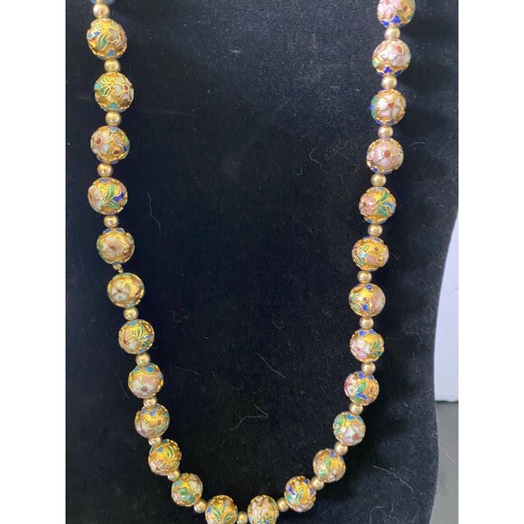 Vintage Hand-Painted Cloisonné Beaded Necklace With Gold Accents - Floral Design - Picture 1 of 7